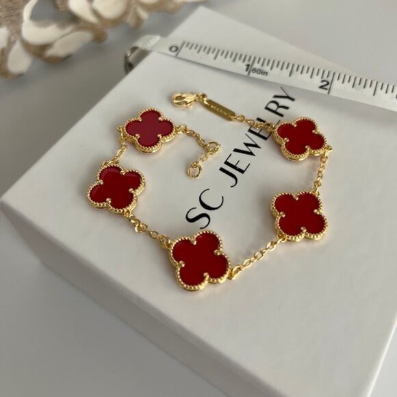 Last 1 ! Clover Bracelet Double Sided Red Onyx Stone Luxury Jewelry - Picture 2 of 10